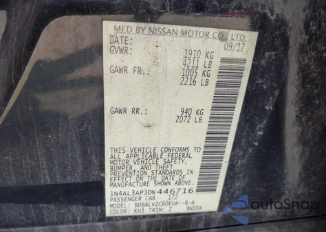 2013 Nissan Altima 2.5 Sl z USA, uszkodzony, nr VIN 1N4AL3AP3DN446716